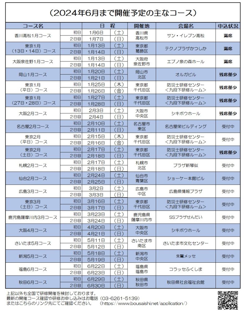 （新）2024年6月まで開催予定の主なコース修正版・3コース追加 791x1024 - 防災士になる。<br>防災士研修センター ［広報］<br> 最新研修コース情報<br> 2024. 01. 03.