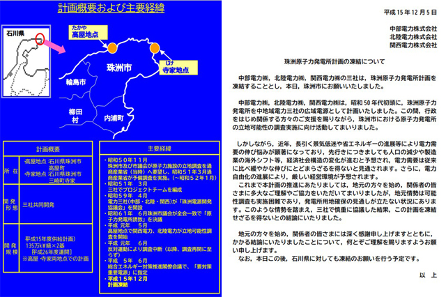 P3 4 北陸電力：珠洲原子力発電所計画の凍結について「計画概要および主要経緯」 - 地殻変動半島 いまだ“災中”<br>広域避難困難 原発もうムリ！