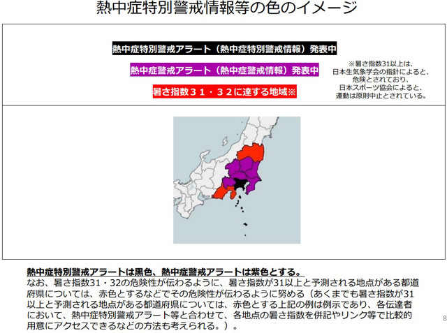 P5 4 熱中症特別警戒情報等の色のイメージ - 「熱中症“特別”警戒アラート」<br> 4月24日から運用開始に