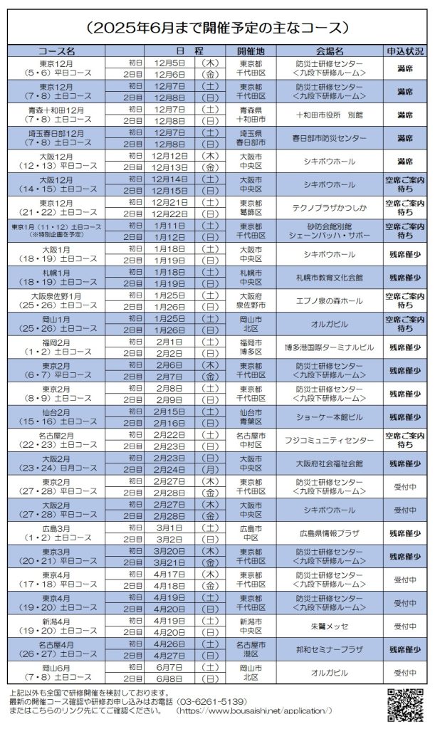 2025年6月まで開催予定の主なコース 1 611x1024 - 防災士になる。<br>防災士研修センター ［広報］<br> 最新研修コース情報<br> 2024. 12. 03.