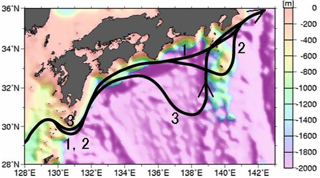 P3 2 本州南岸を流れる黒潮の典型的な流路 - 黒潮大蛇行 終息か<br>気象庁 さらに監視を継続