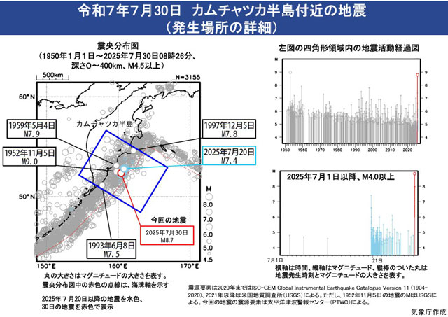 カムチャツカ半島沖地震 M8.7<br> 津波警報! P3 4 気象庁「地震発生場所の詳細」(第1報より) - カムチャツカ半島沖地震 M8.7<br> 津波警報!