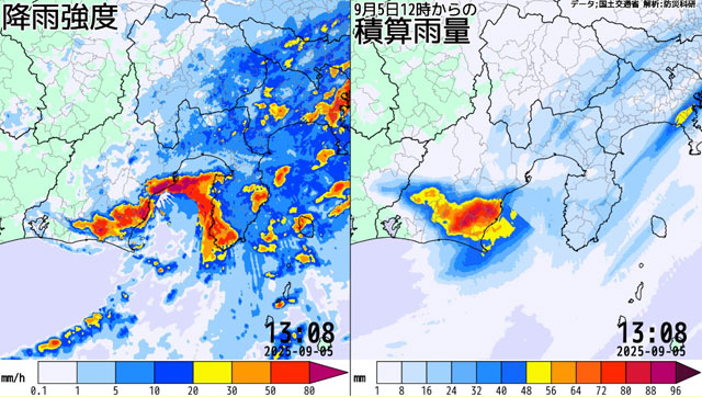 P2 1 国土交通省XRAINのデータを用いて解析された2025年9月5日12時～14時の降雨強度と積算雨量の分布（動画） - 静岡竜巻　風速約75m/s　JEF3の突風