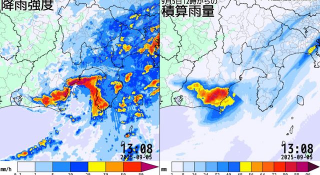 P2 1 国土交通省XRAINのデータを用いて解析された2025年9月5日12時～14時の降雨強度と積算雨量の分布（動画） 640x350 - 静岡竜巻　風速約75m/s　JEF3の突風