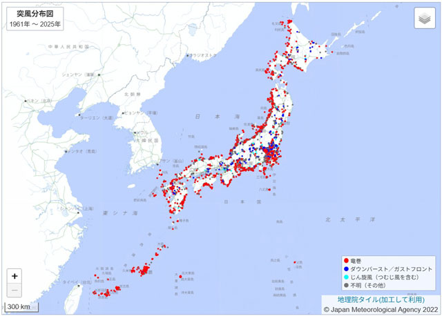 P2 3 突風分布図（1961～2025／気象庁資料より） - 静岡竜巻　風速約75m/s　JEF3の突風