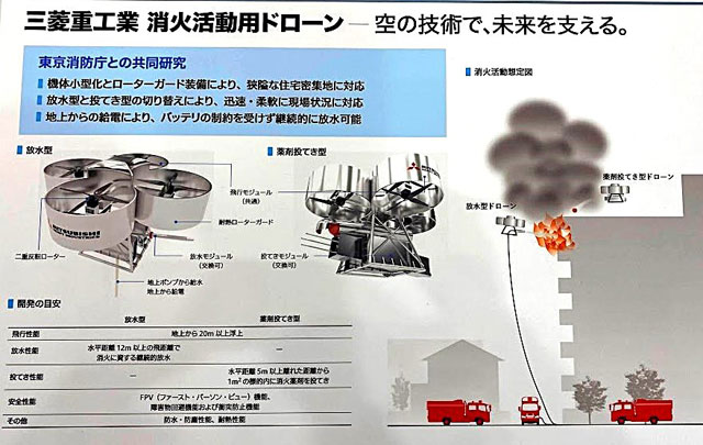 危機管理産業展(RISCON 2025) P3 3a 三菱重工業の「放水ドローン」説明書きより - 危機管理産業展(RISCON 2025)