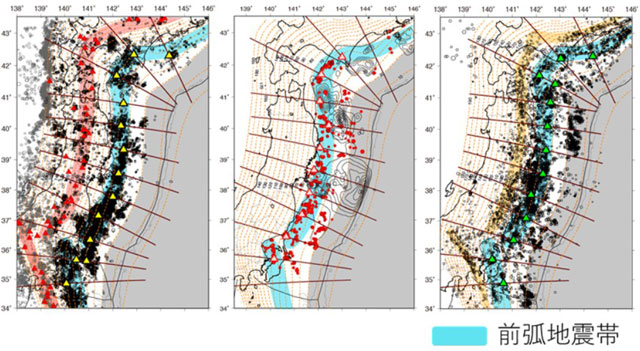新たな地震帯の発見 P5 3 3領域で見た震源分布と前弧地震帯(東京大学・内田直希教授提供) - 新たな地震帯の発見