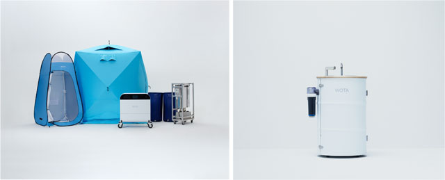 P2 2 写真左：水循環型シャワー「WOTA BOX」／写真右：水循環型手洗いスタンド「WOSH」 - 水・トイレの都道府県間相互支援体制